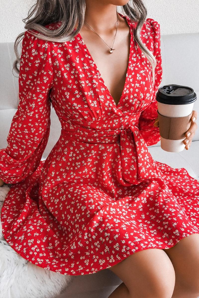 V NECK LONG SLEEVE FLORAL CHIFFON DRESS - Doublju