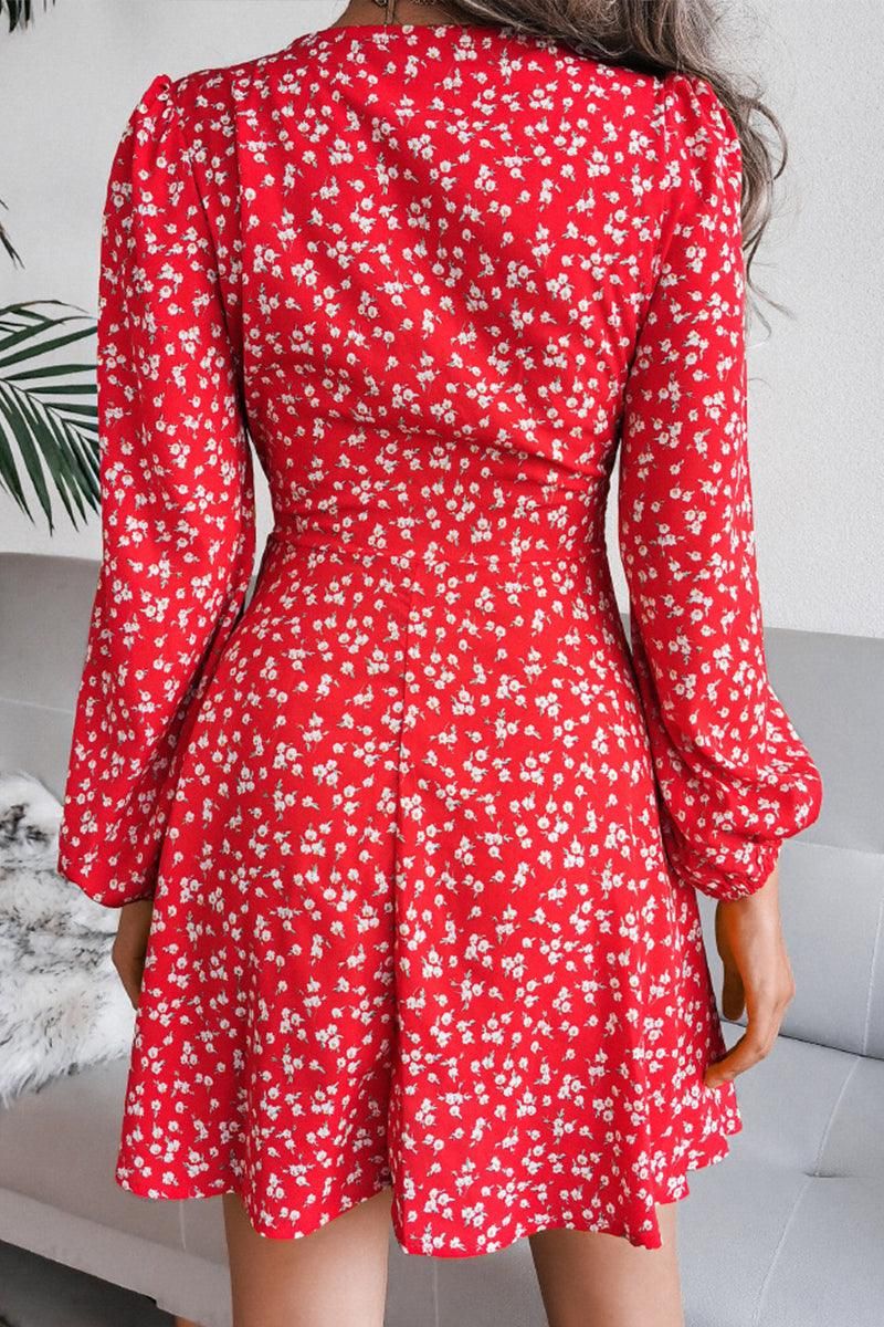 V NECK LONG SLEEVE FLORAL CHIFFON DRESS - Doublju