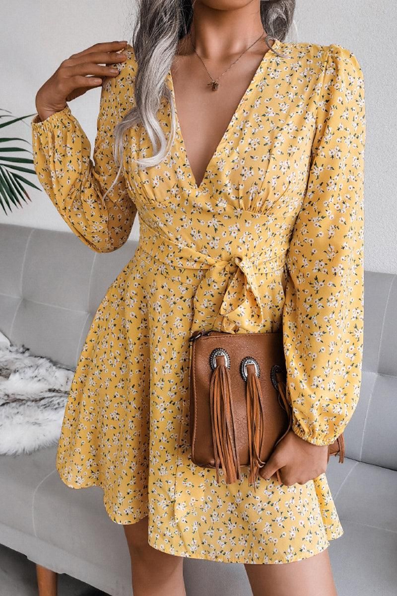 V NECK LONG SLEEVE FLORAL CHIFFON DRESS - Doublju