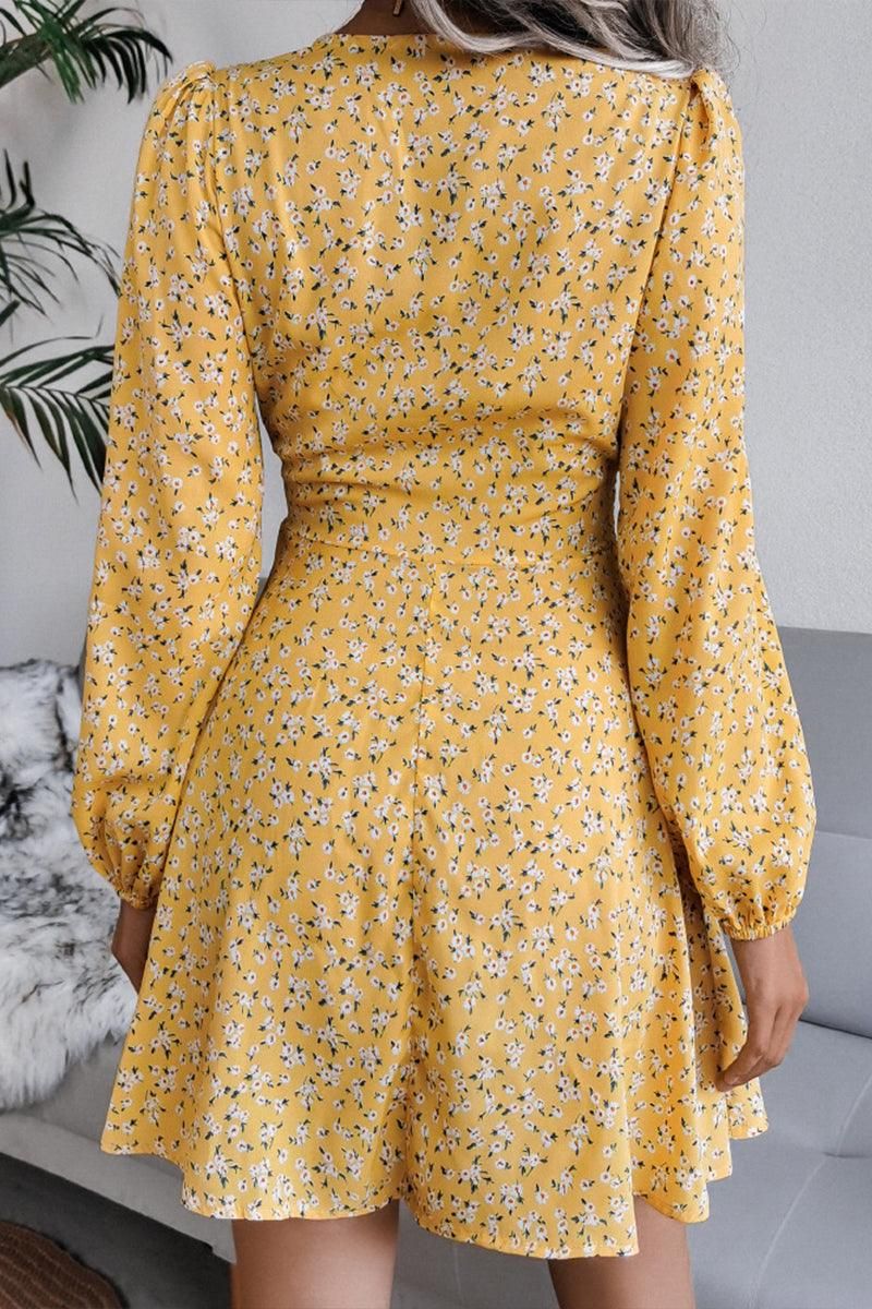 V NECK LONG SLEEVE FLORAL CHIFFON DRESS - Doublju