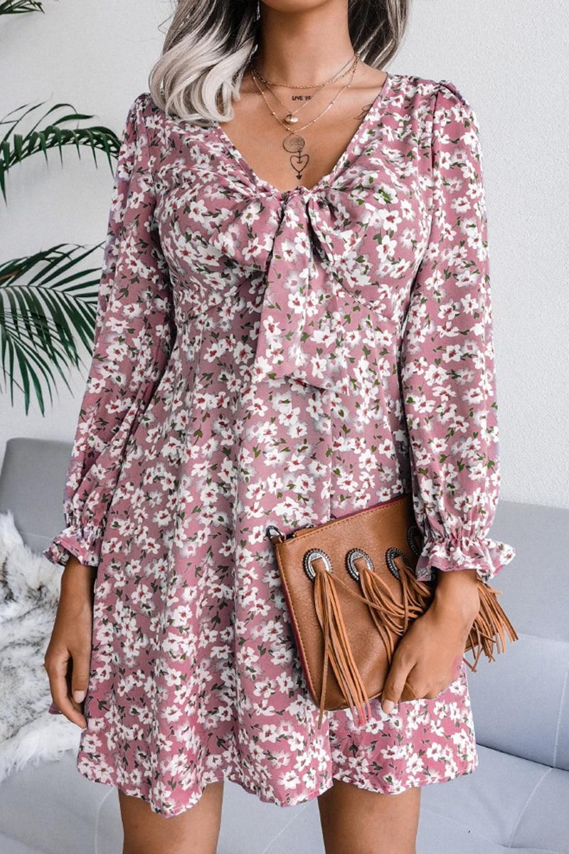 FLORAL CHIFFON DRESS WITH BOW - Doublju