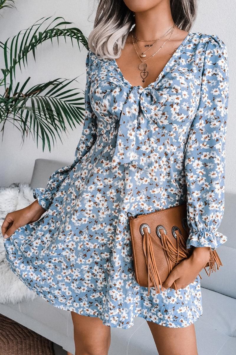 FLORAL CHIFFON DRESS WITH BOW - Doublju