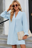 WOMEN FRILLED LONG SLEEVE V NECK SOLID DRESS - Doublju