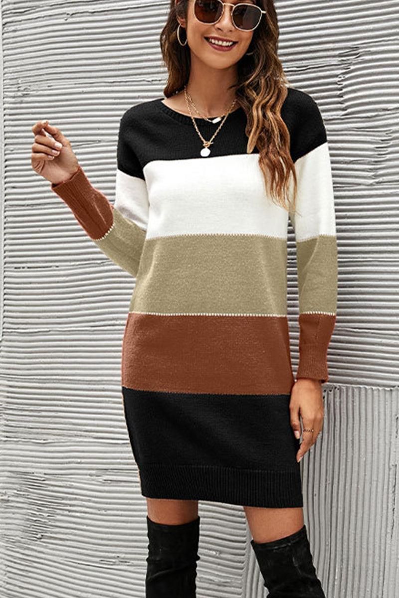 WOMEN COLOR BLOCKED KNIT MID DRESS - Doublju