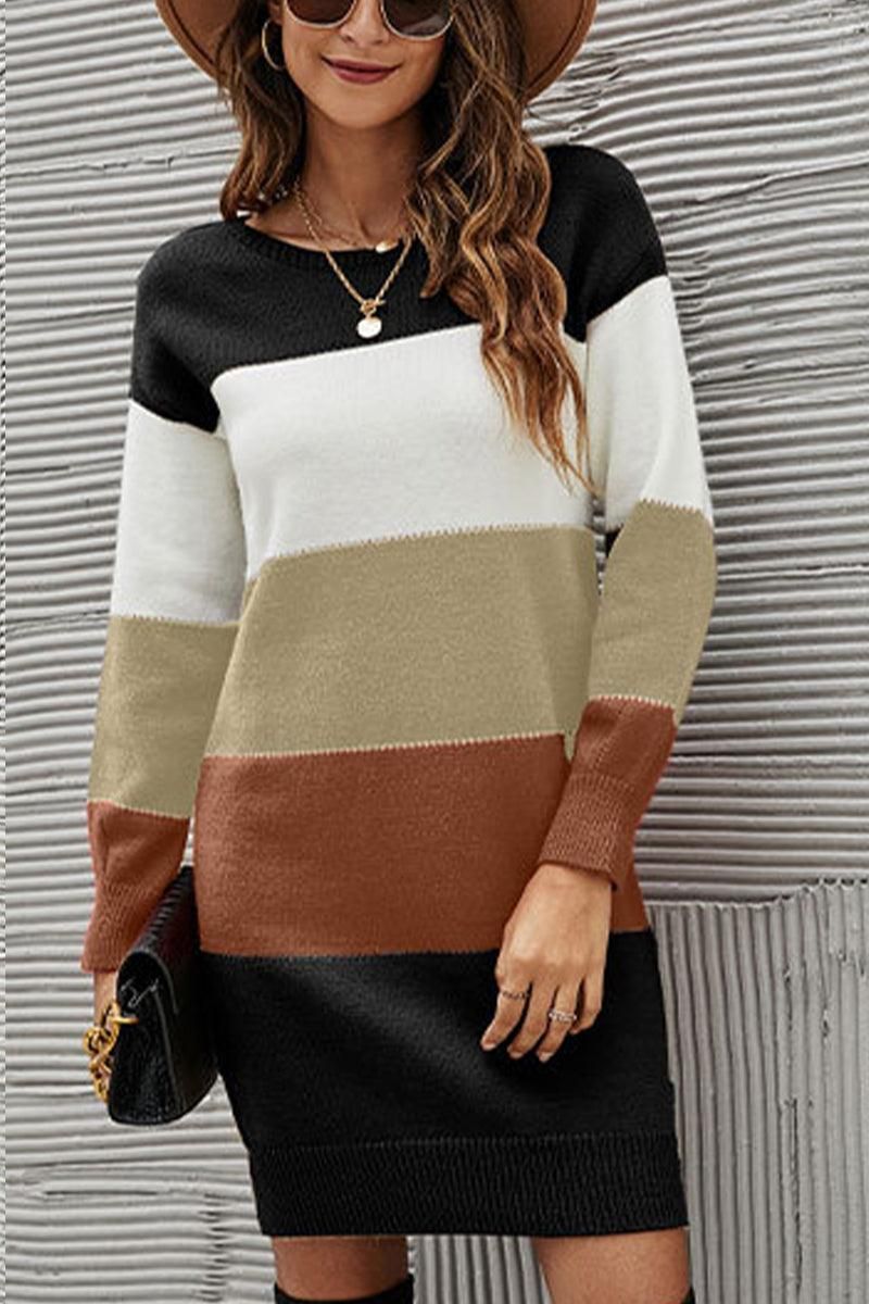 WOMEN COLOR BLOCKED KNIT MID DRESS - Doublju