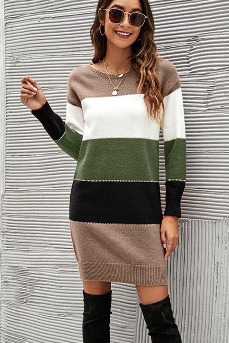 WOMEN COLOR BLOCKED KNIT MID DRESS - Doublju