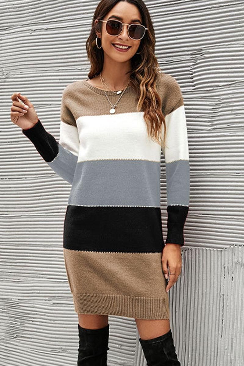 WOMEN COLOR BLOCKED KNIT MID DRESS - Doublju