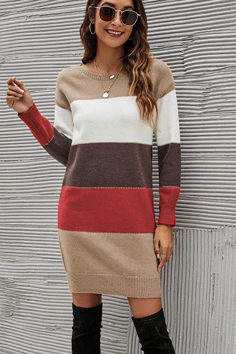 WOMEN COLOR BLOCKED KNIT MID DRESS - Doublju