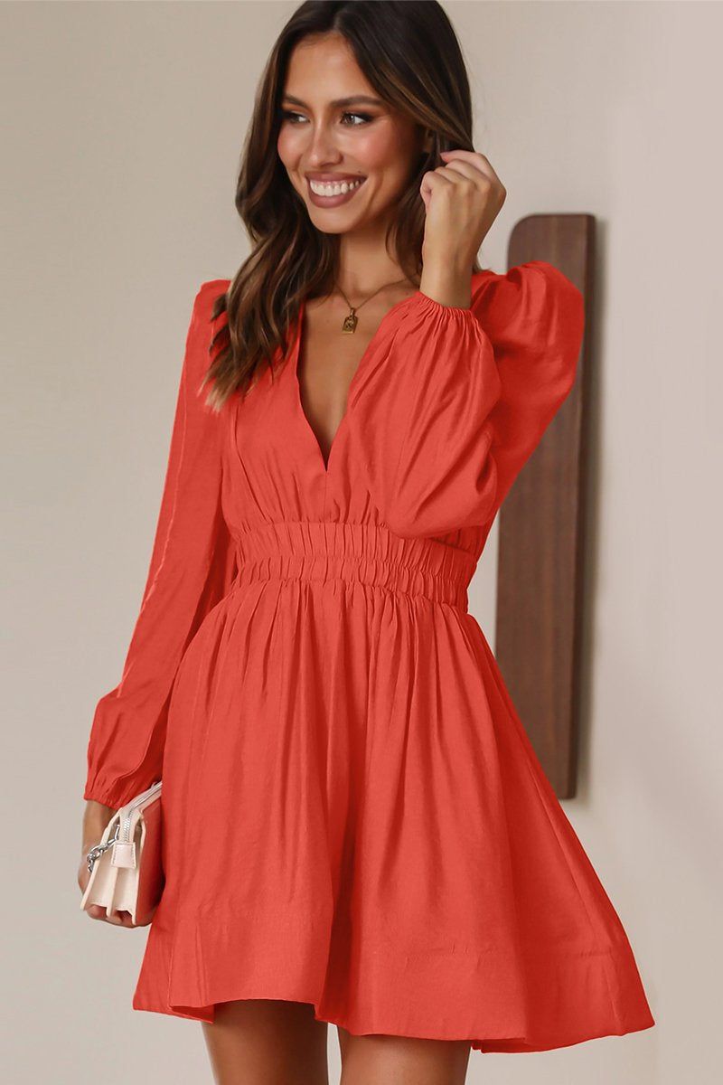 WOMEN SEXY DEEP V NECK LONG SLEEVE MINI DRESS