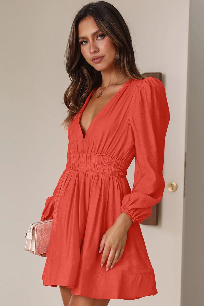 WOMEN SEXY DEEP V NECK LONG SLEEVE MINI DRESS