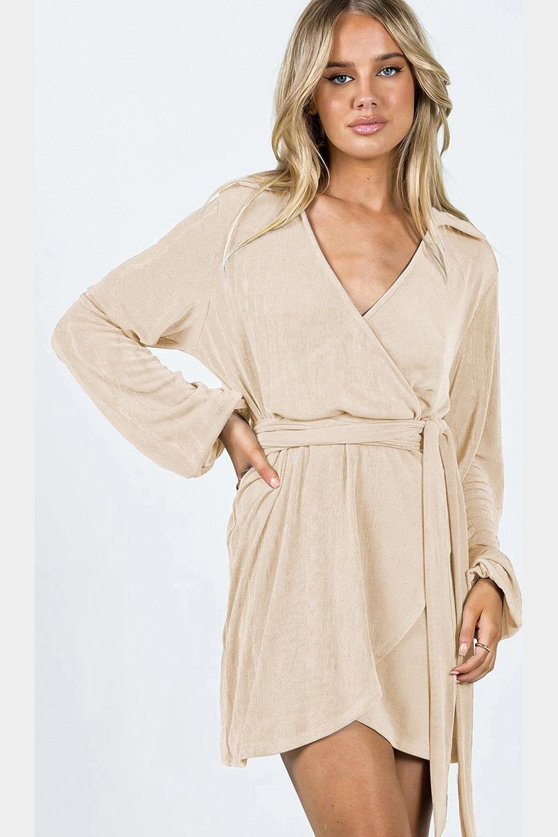 WOMEN KNITTED BELTING WRAP DRESS