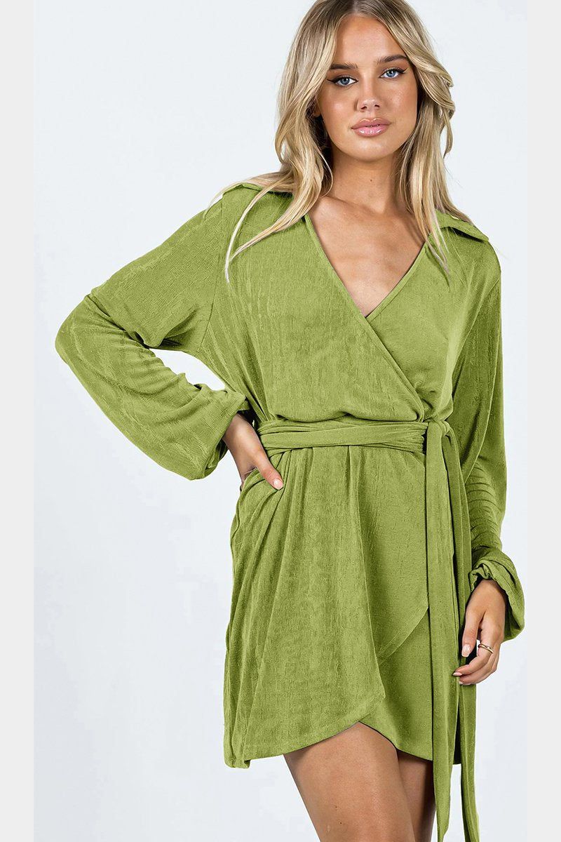 WOMEN KNITTED BELTING WRAP DRESS