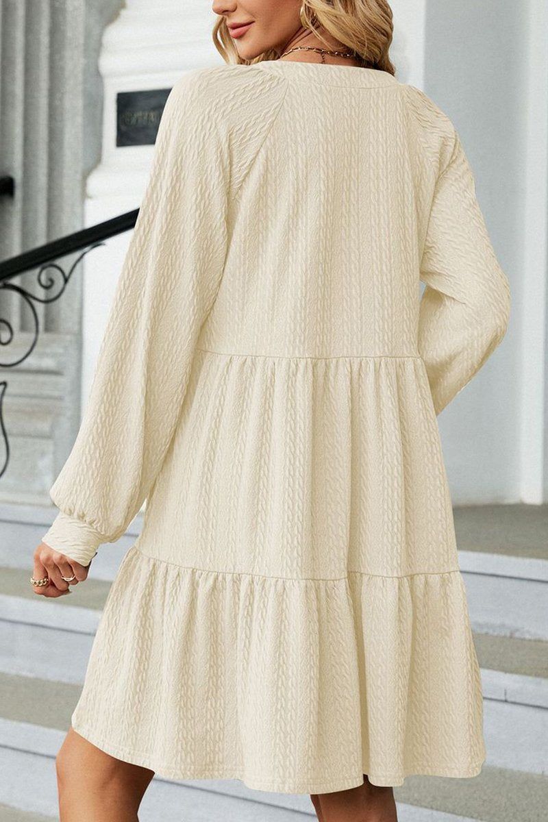 WOMEN V NECK RUFFLED CAKE LONG SLEEVE DRESS