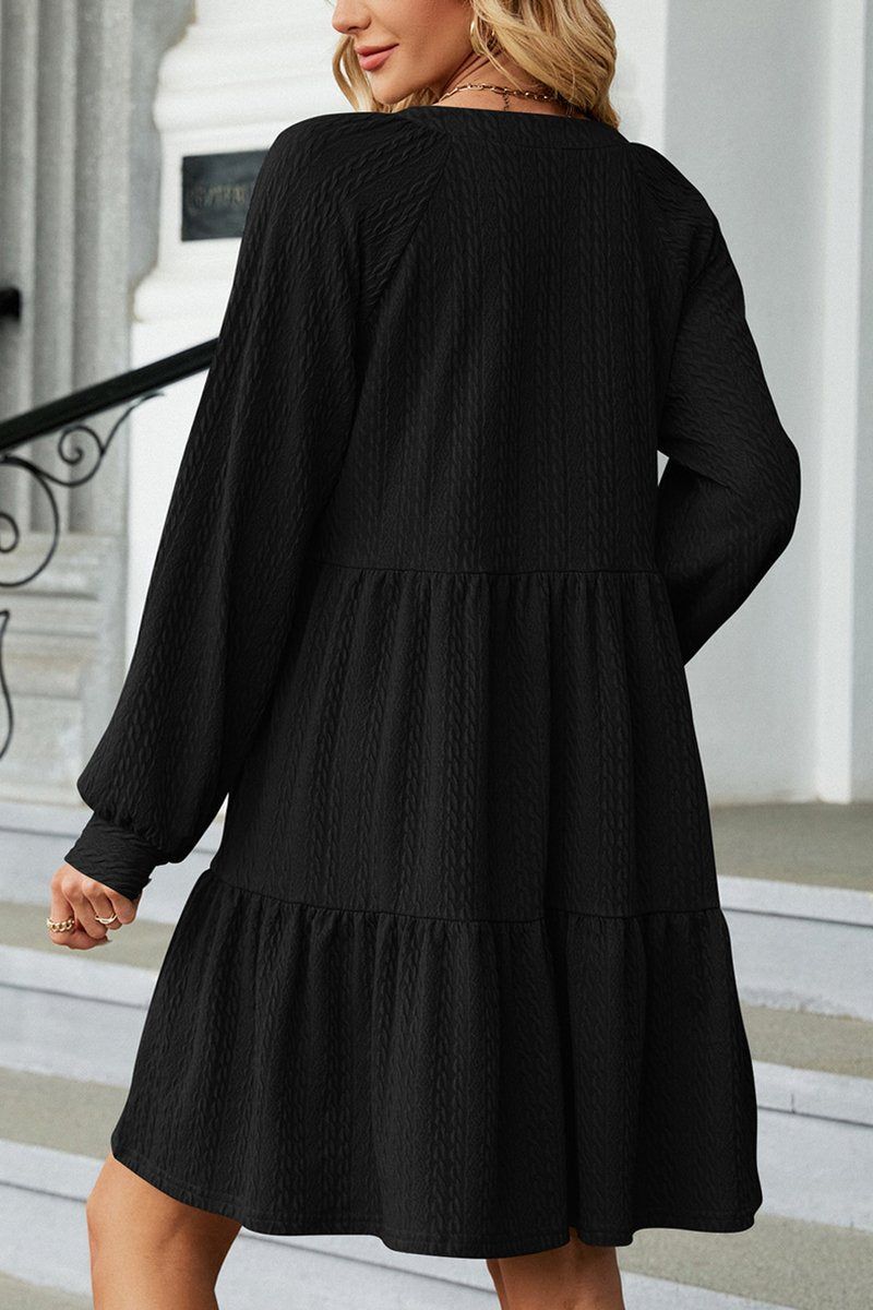 WOMEN V NECK RUFFLED CAKE LONG SLEEVE DRESS