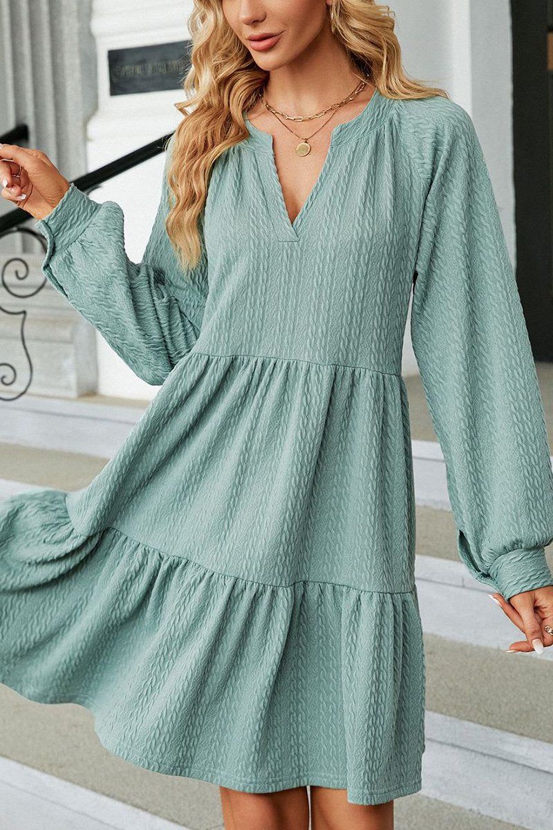 WOMEN V NECK RUFFLED CAKE LONG SLEEVE DRESS