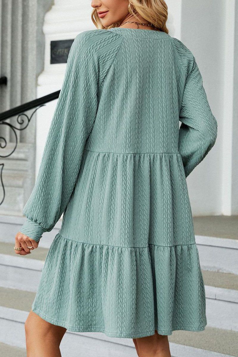 WOMEN V NECK RUFFLED CAKE LONG SLEEVE DRESS