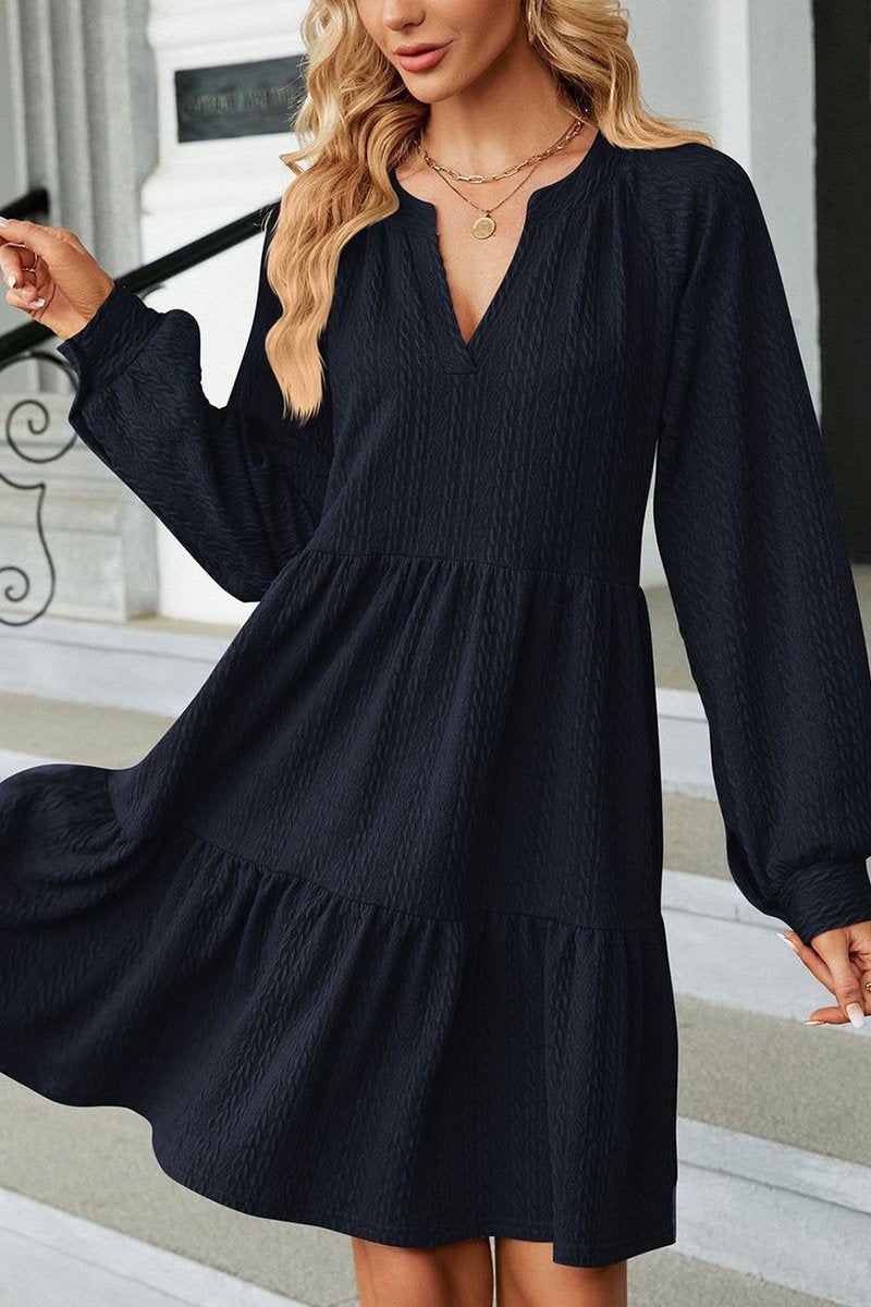 WOMEN V NECK RUFFLED CAKE LONG SLEEVE DRESS