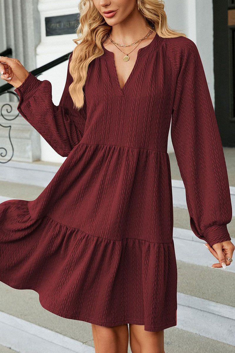 WOMEN V NECK RUFFLED CAKE LONG SLEEVE DRESS