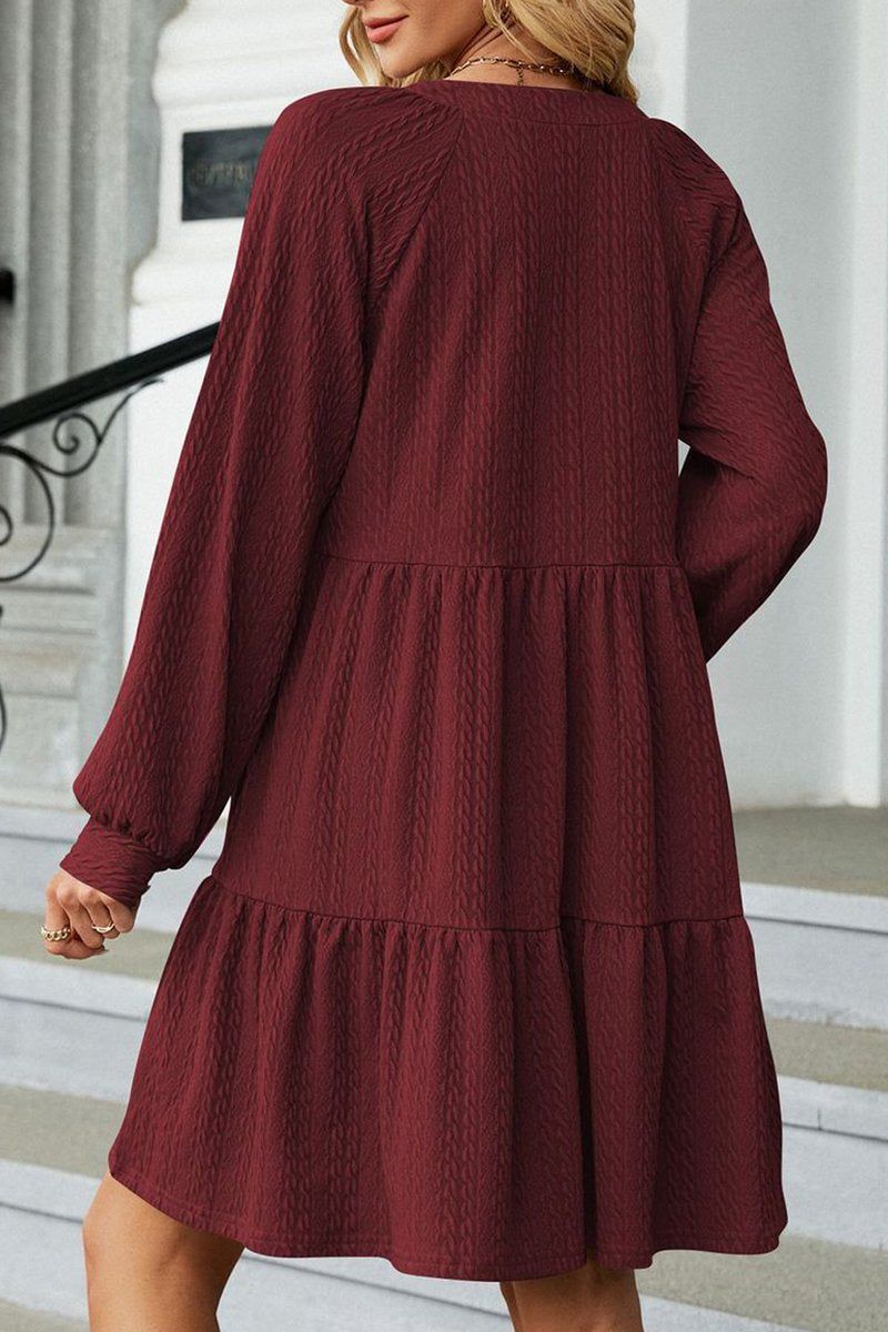 WOMEN V NECK RUFFLED CAKE LONG SLEEVE DRESS