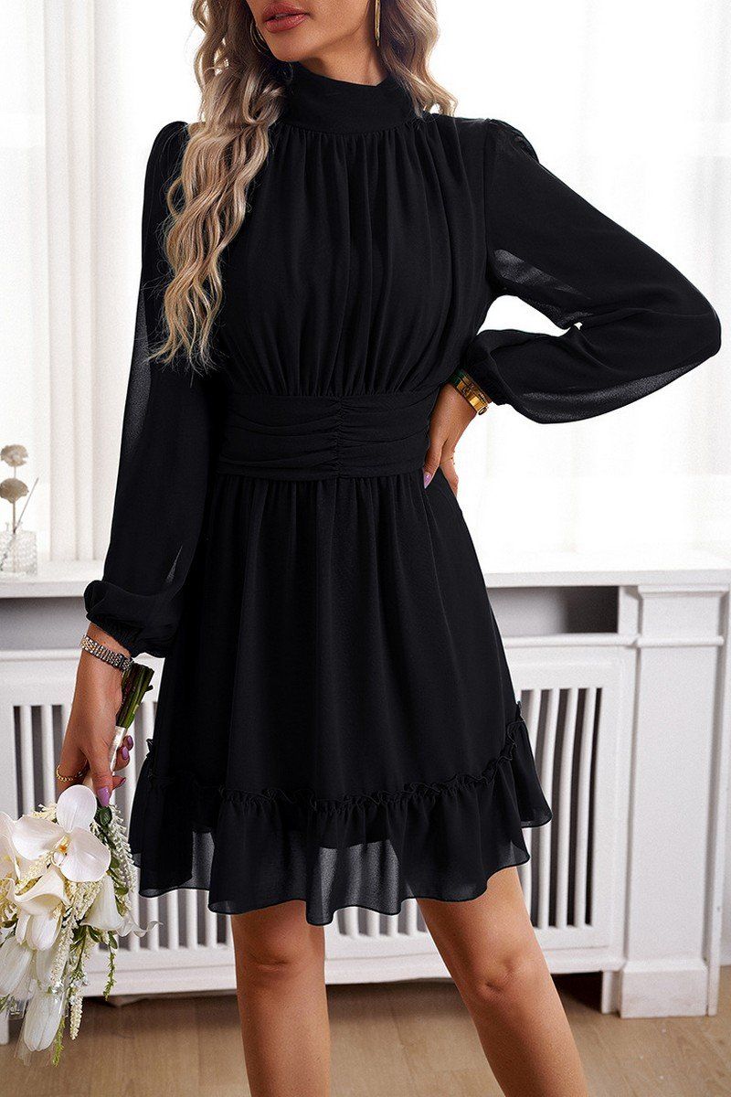 WOMEN HIGH NECK LONG SLEEVED PLEATED FALL DRESS