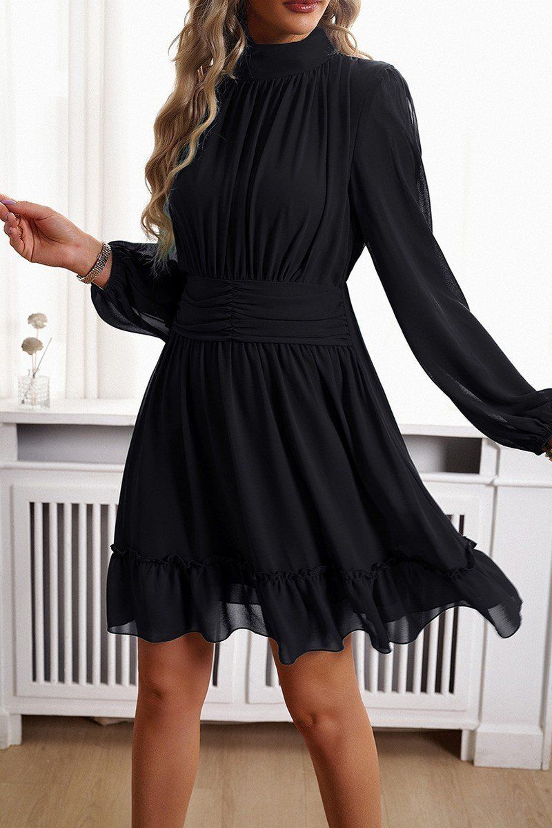 WOMEN HIGH NECK LONG SLEEVED PLEATED FALL DRESS