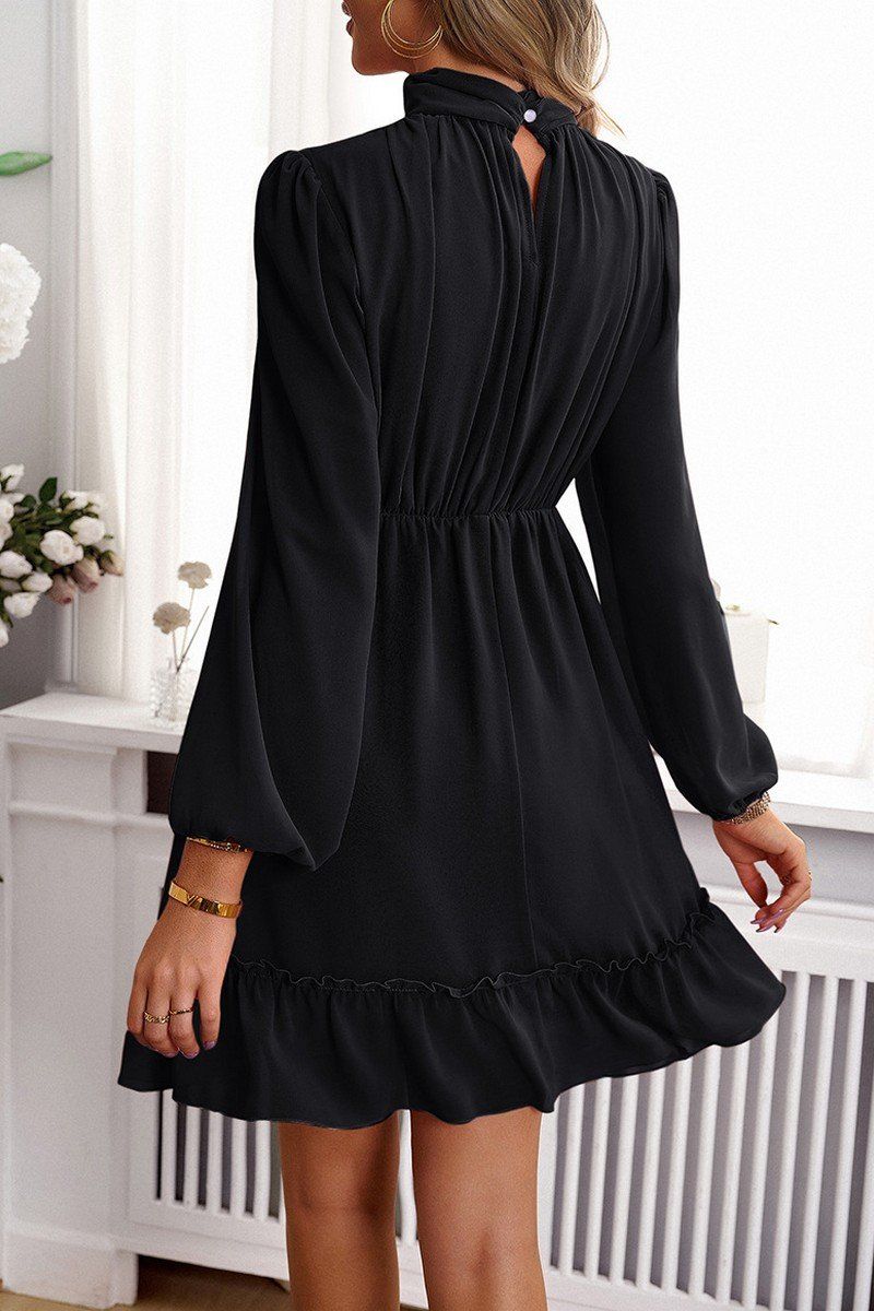 WOMEN HIGH NECK LONG SLEEVED PLEATED FALL DRESS