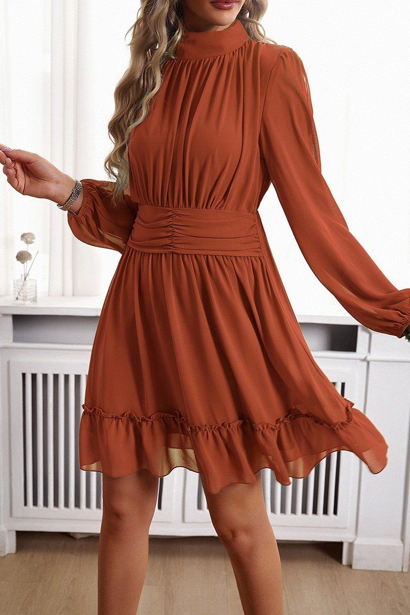 WOMEN HIGH NECK LONG SLEEVED PLEATED FALL DRESS