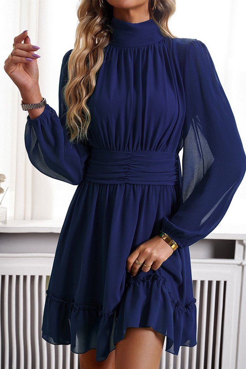 WOMEN HIGH NECK LONG SLEEVED PLEATED FALL DRESS