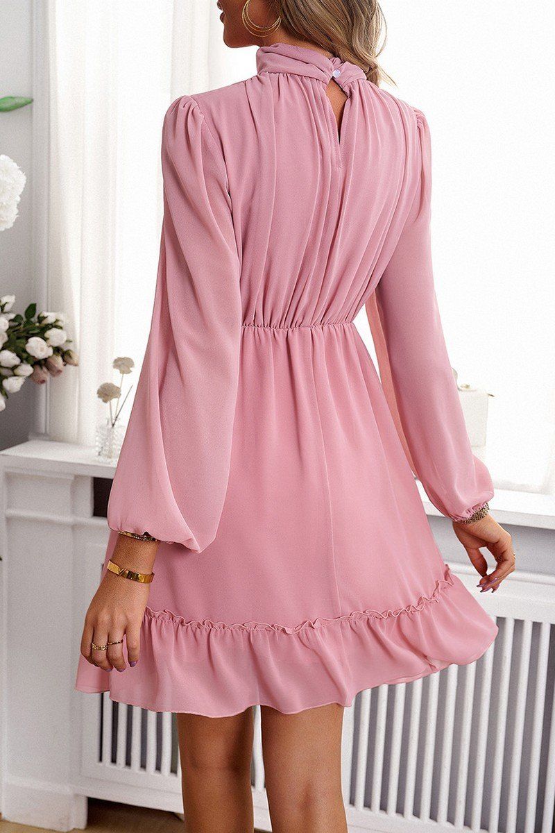 WOMEN HIGH NECK LONG SLEEVED PLEATED FALL DRESS