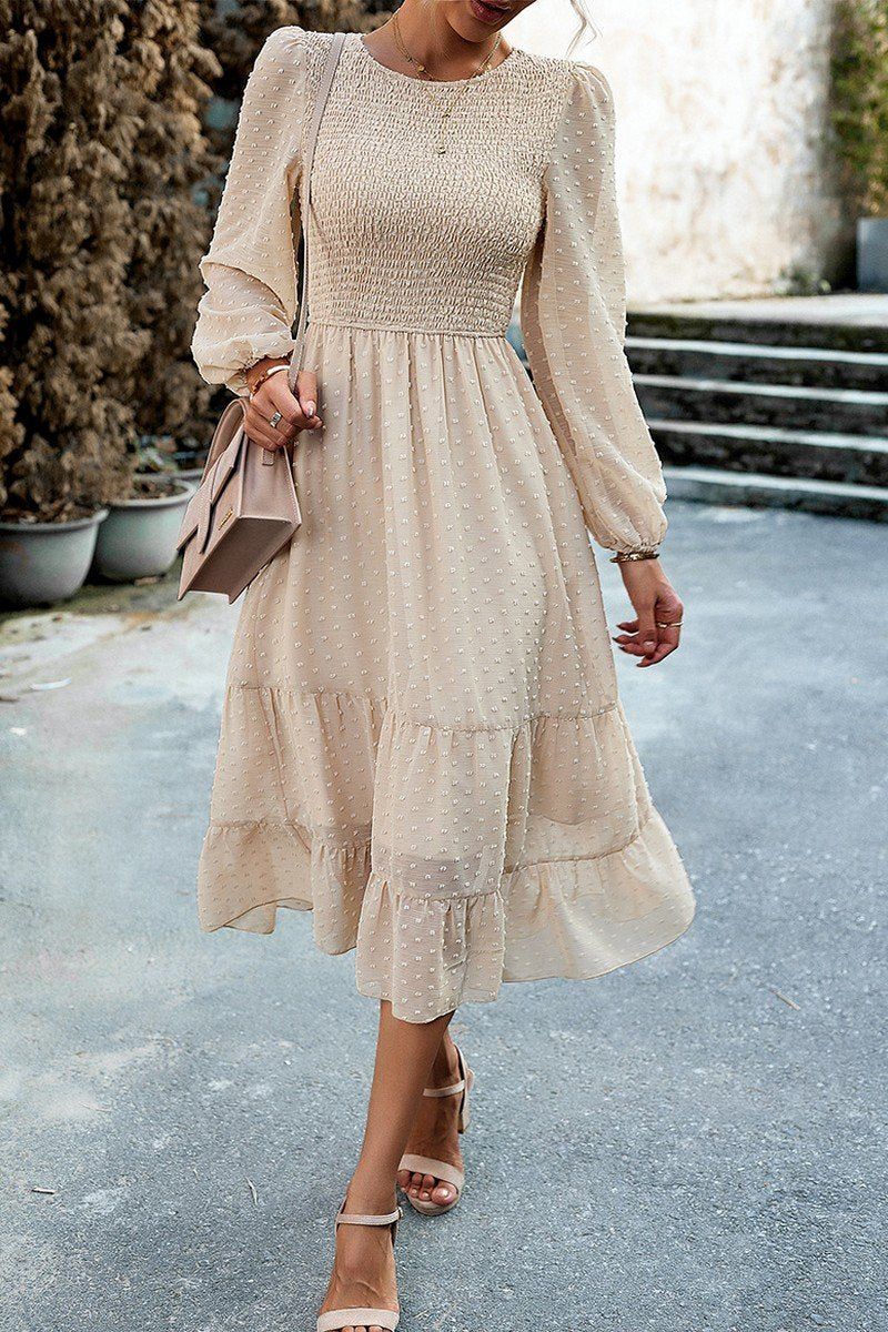 WOMEN SMOCKED TIERED LONG LENGTH FALL FLOWY DRESS