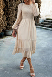 WOMEN SMOCKED TIERED LONG LENGTH FALL FLOWY DRESS