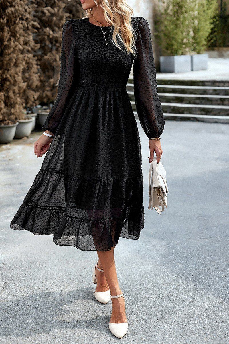 WOMEN SMOCKED TIERED LONG LENGTH FALL FLOWY DRESS