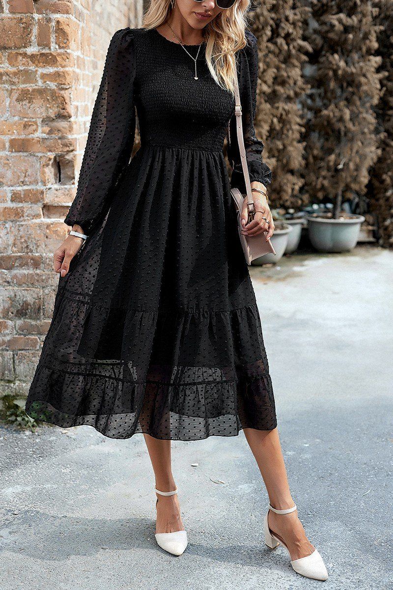 WOMEN SMOCKED TIERED LONG LENGTH FALL FLOWY DRESS