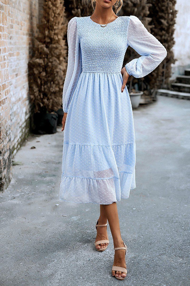 WOMEN SMOCKED TIERED LONG LENGTH FALL FLOWY DRESS