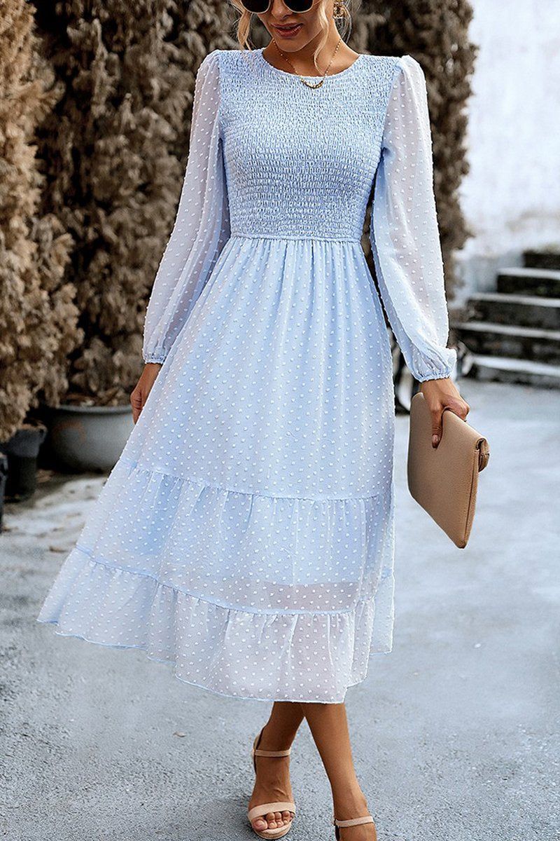 WOMEN SMOCKED TIERED LONG LENGTH FALL FLOWY DRESS