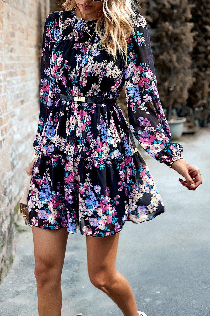 WOMEN SMOCKED NECK FLORAL LONG SLEEVE MINI DRESS