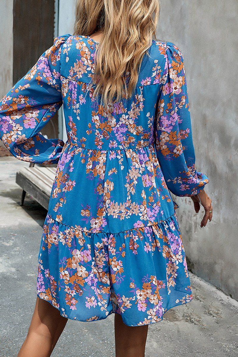 WOMEN SMOCKED NECK FLORAL LONG SLEEVE MINI DRESS