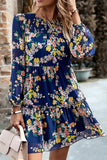 WOMEN SMOCKED NECK FLORAL LONG SLEEVE MINI DRESS