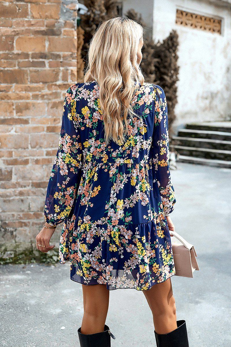 WOMEN SMOCKED NECK FLORAL LONG SLEEVE MINI DRESS