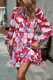 WOMEN SMOCKED NECK FLORAL LONG SLEEVE MINI DRESS