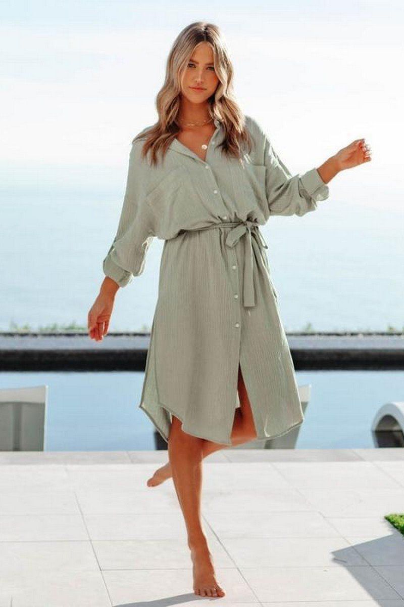 WOMEN BELTED WAIST BUTTON UP SHIRTS DRESS