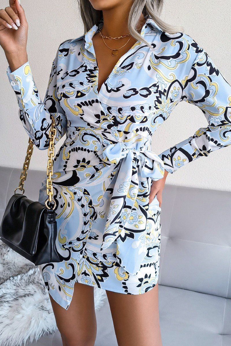 WOMEN LONGSLEEVE PRINTED LACE UP SHIRT DRESS