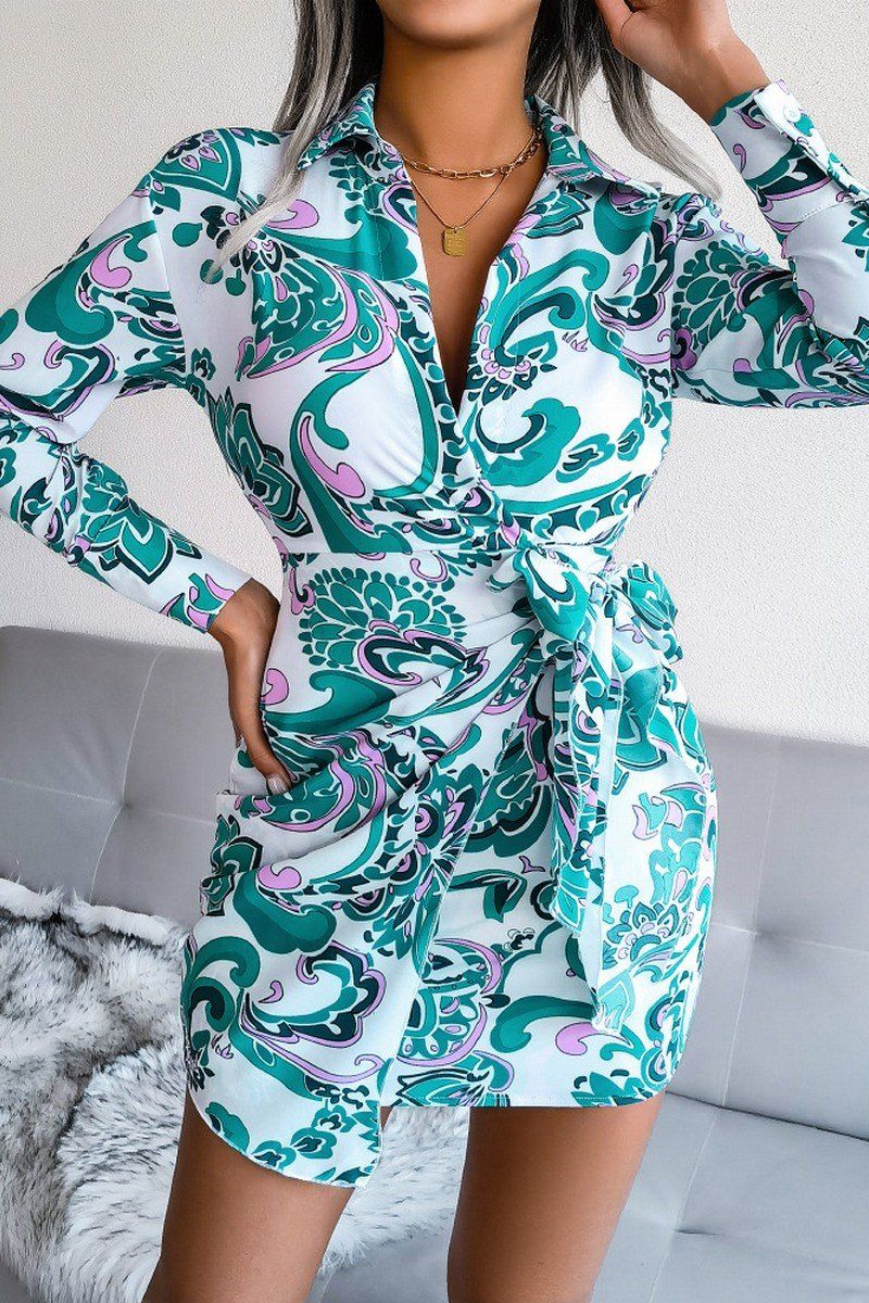 WOMEN LONGSLEEVE PRINTED LACE UP SHIRT DRESS