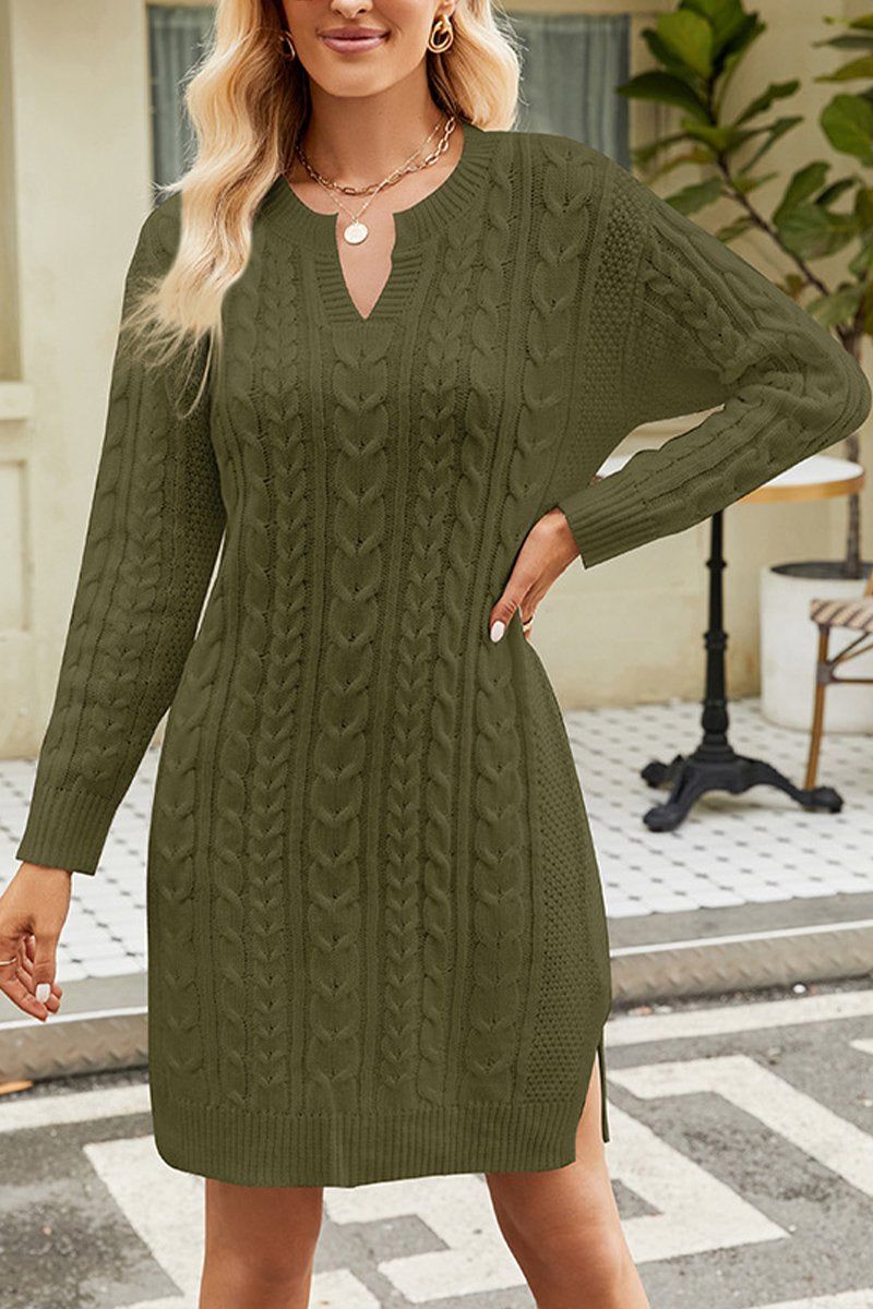 LONG SLEEVE V NECK TWO SIDE SLIT SWEATER DRESS