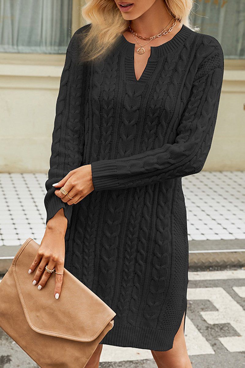 LONG SLEEVE V NECK TWO SIDE SLIT SWEATER DRESS