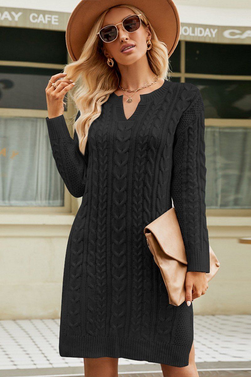 LONG SLEEVE V NECK TWO SIDE SLIT SWEATER DRESS