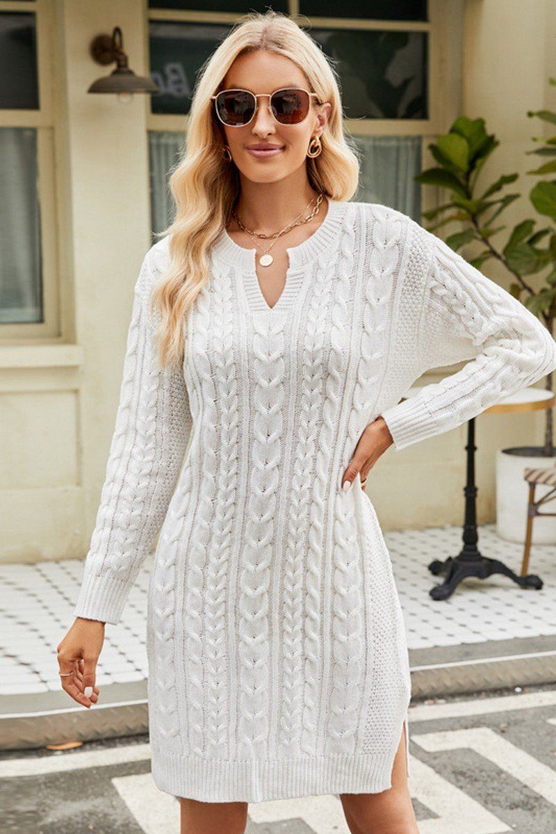 LONG SLEEVE V NECK TWO SIDE SLIT SWEATER DRESS