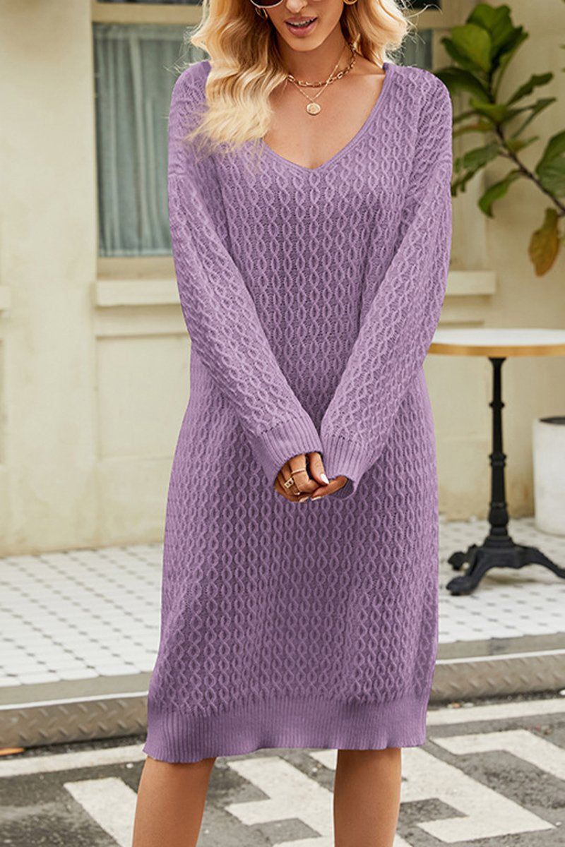 OVERSIZED CABLE KNITTED DEEP NECK SWEAT DRESS