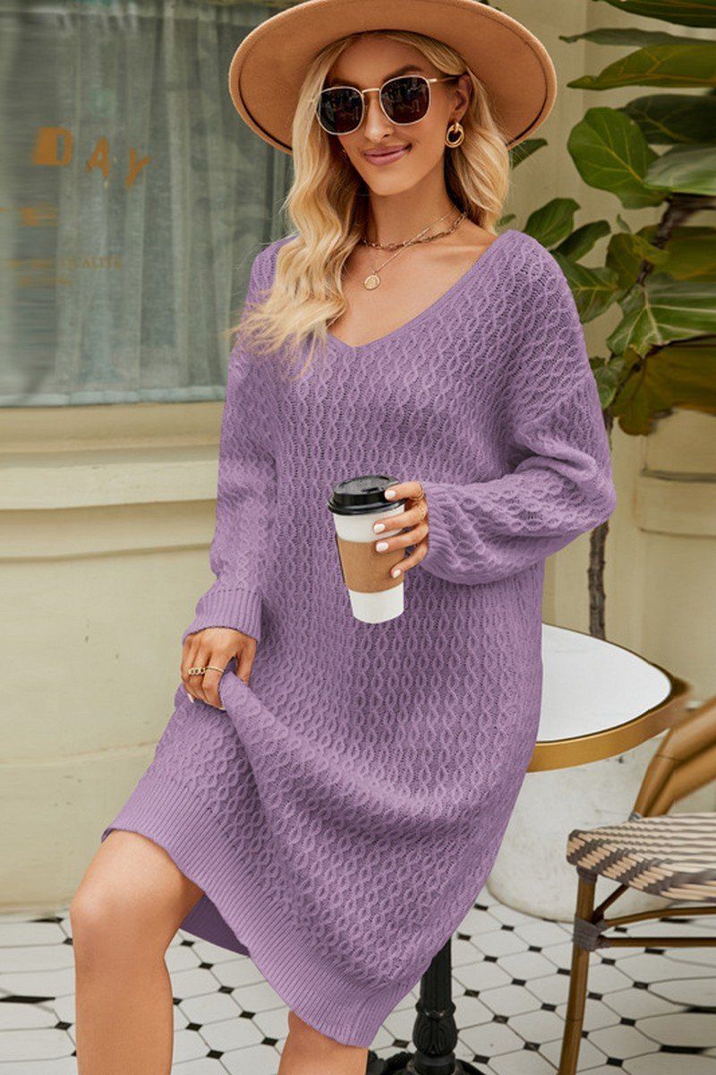 OVERSIZED CABLE KNITTED DEEP NECK SWEAT DRESS