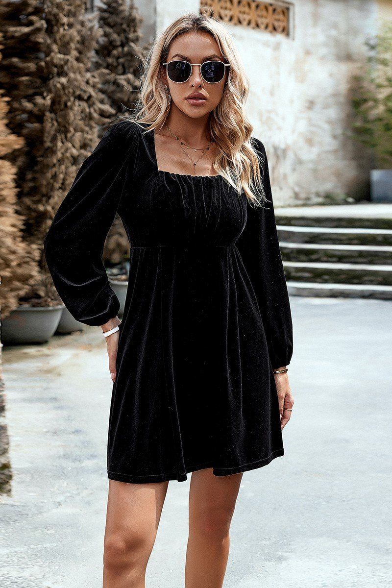 VELVET SQUARE NECK FLUTTER PUFF SLEEVE DRESS